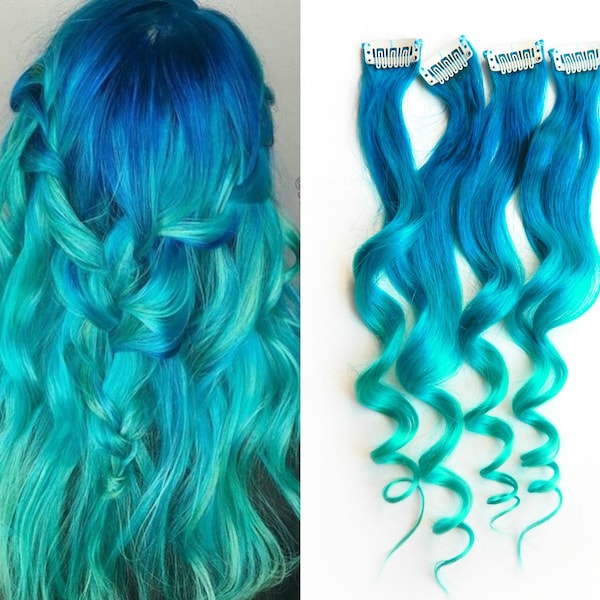 Mermaid Ombre Hair, Mermaid Hair Extensions, Blue Hair Extensions, Blue Ombre Extensions, Teal Hair, Blue Green Ombre, Human Hair Extensions