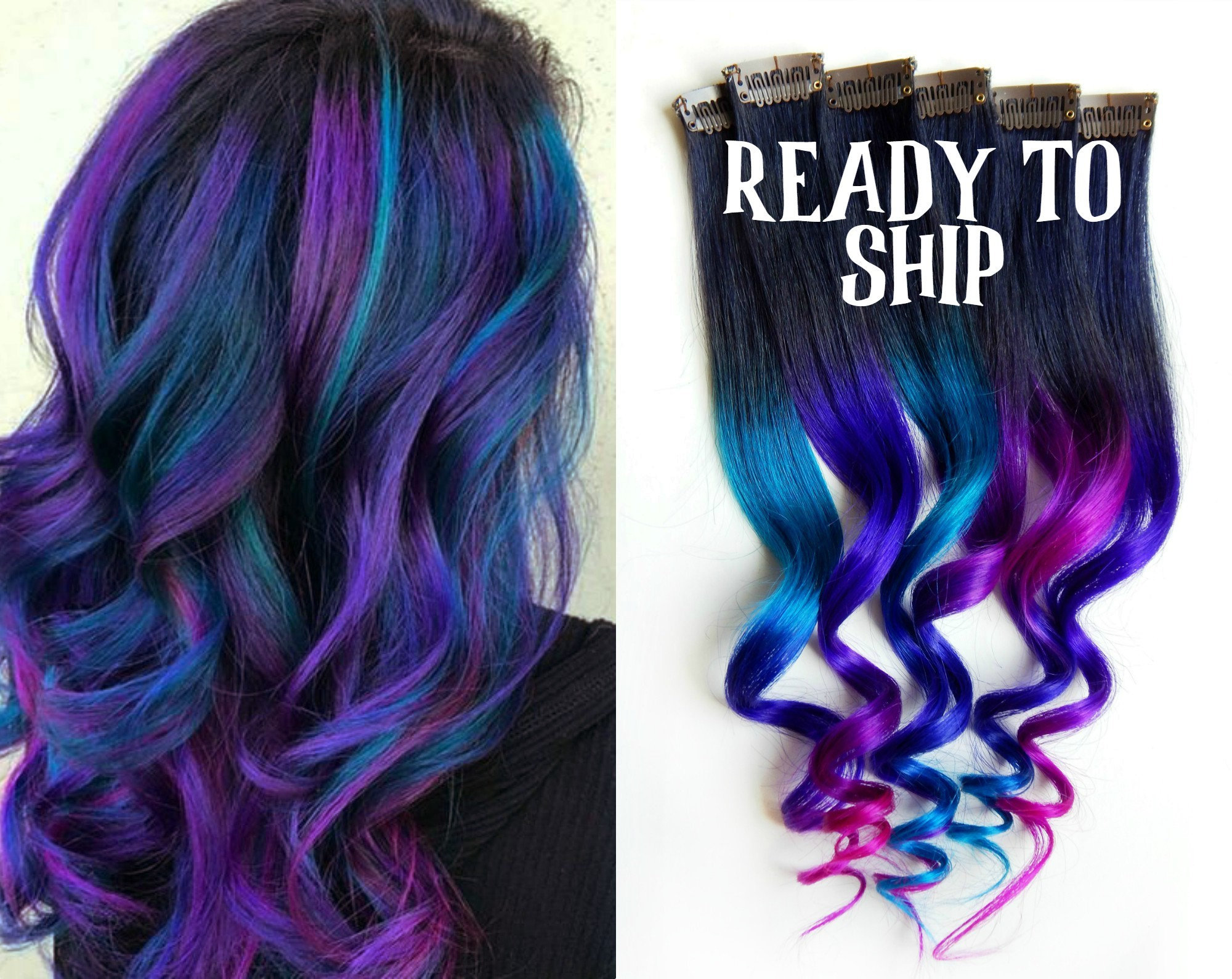 Purple Fuchsia Real Human Hair Extensions Clip in Galaxy Mermaid Hairstyles Mermaid hair for a real life siren ✨ . Vivid color with  main image 2