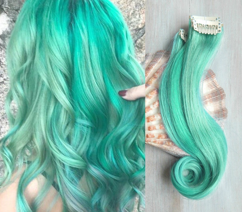 Mint Mermaid Hair Extensions Human Hair Blue Hair Clip In Etsy