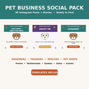 Puede incluir: Un paquete de plantillas digitales para redes sociales titulado PET BUSINESS SOCIAL PACK con 30 publicaciones e historias de Instagram. Incluye tres gráficos de muestra para servicios de peluquería y rescate animal con texto como NEW HERE, ADOPT ME, GIVEAWAY.