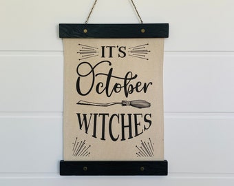 It's October Witches Hanging Canvas Natural