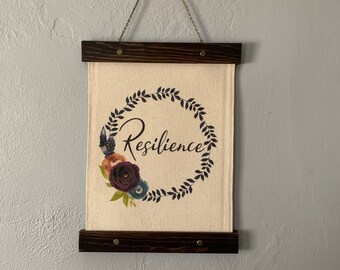 Custom Word of the Year Hanging Canvas Print Boho Rose Floral and Feather Wreath