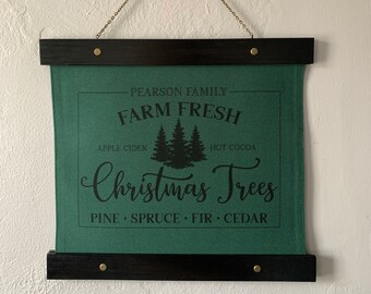 Personalized Family Christmas Tree Farm Sign Hanging Canvas Print Green Canvas