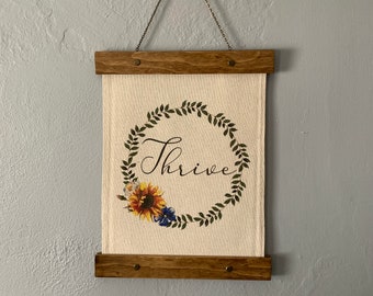 Custom Word of the Year Hanging Canvas Print Rustic Sunflower Floral Wreath