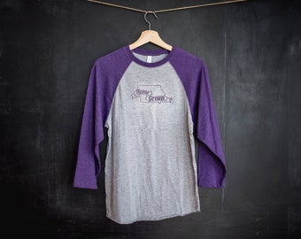 Iowa Graphic Tee, Home Grown, Adult Tee, Baseball Tee, Raglan Sleeve, Purple, Royal Blue, Family Tees