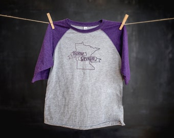 Minnesota Graphic Tee, Home Grown, Youth Tee, Baseball Tee, Raglan Sleeve, Purple, Royal Blue, Family Tees