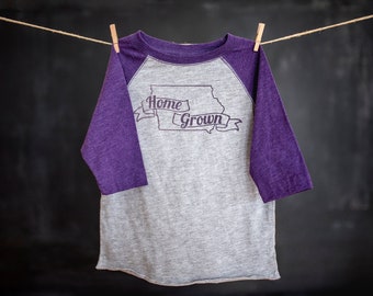 Iowa Graphic Tee, Home Grown, Toddler Tee, Baseball Tee, Raglan Sleeve, Purple, Royal Blue, Family Tees