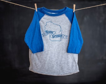 Wisconsin Graphic Tee, Home Grown, Toddler Tee, Baseball Tee, Raglan Sleeve, Purple, Royal Blue, Family Tees