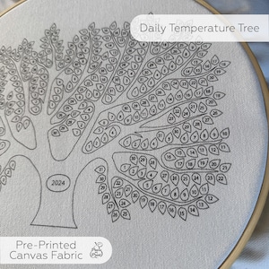 May include: A circular wooden embroidery hoop containing a white canvas fabric with a black line art illustration of a tree. The tree features numerous leaf-shaped outlines, each containing a number. The trunk displays the year 2024.