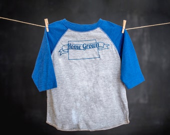 North Dakota Graphic Tee, Home Grown, Toddler Tee, Baseball Tee, Raglan Sleeve, Purple, Royal Blue, Family Tees