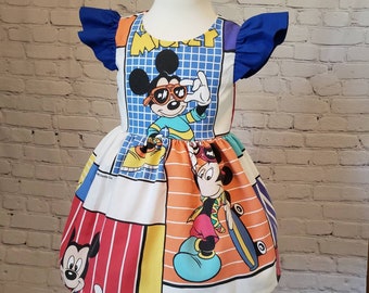 Girls Dress | Handmade Vintage Fabric Dress | Mickey | 90s | Retro