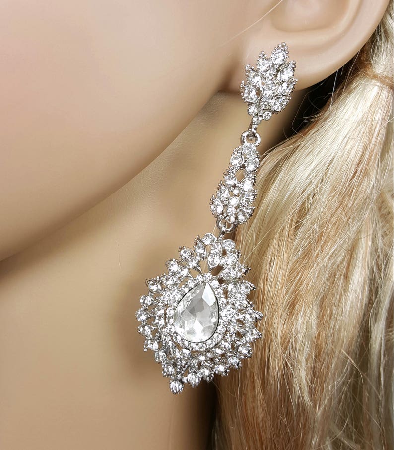 Long Crystal Wedding Earrings Vintage Style Bridal