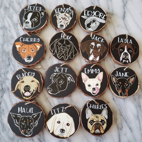 Custom Personalized Pet Dog Portrait Wood Disk Christmas Ornament - approx. 3" x 3"