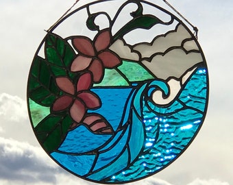 Blue Crush Stained Glass Sun Catcher: Ocean Wave, Plumeria, Tropical Decor