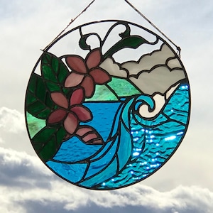 Blue Crush Stained Glass Sun Catcher Ocean Floral Ocean Decor Beach Tropical Hawaii Florida Aqua Blue Plumeria