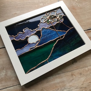 Chinaman&#39;s Hat Stained Glass Sun Catcher Moon Light Ocean Floral Decor Beach Tropical Hawaii Florida Mexico Blue Palm trees Clouds Night