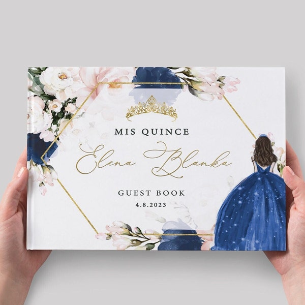 Blue Floral Quinceañera Guest Book, Custom Navy Sweet 16 Princess Photo Guestbook, Navy Blush Gold Foil Sign In Book, Birthday Gift for her