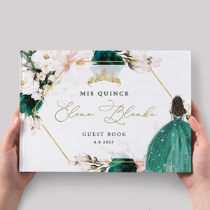 Floral Quinceañera Guest Book, Custom Green Sweet 16 Princess Photo Guestbook, Green Blush Gold Foil Sign In Book, Birthday Gift for her