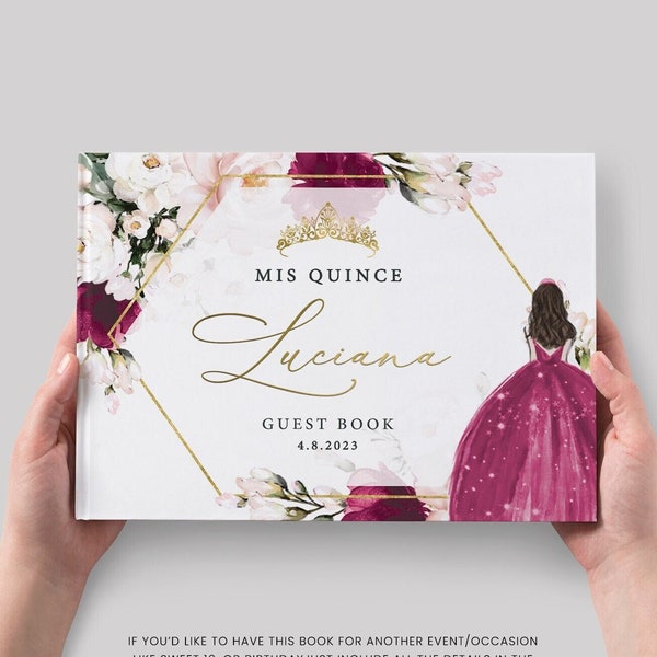 Deep Mexican Pink Floral Quinceañera Guest Book, Sweet 16 Princess Photo Guestbook, Blush Gold Foil Sign In Book, Birthday Gift for her