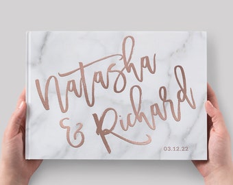 Rose Gold Foil Wedding Guest Book, Marble Guestbook, Personalized Photo Guestbook, Modern Sign In Wedding Book, Horizontal or Portrait