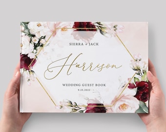 Floral Wedding Guest Book, Custom Burgundy Bridal Shower Photo Guestbook, Marsala Blush Gold Foil Sign In Wedding book, Baby Shower Gift