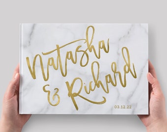 Gold Foil Marble Wedding Guest Book, Personalized Sign In Book