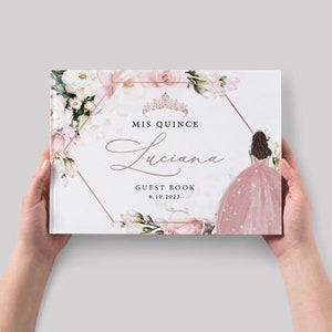 Blush Pink Floral Quinceañera Guest Book, Custom Sweet 16 Princess Photo Guestbook, Rose Gold Foil Sign In Book, Birthday Gift for her