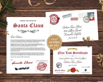 Letter from Santa Editable Template Set, Nice List Certificate, Printable Christmas Santa Letterhead, Letter from Father Christmas, Digital