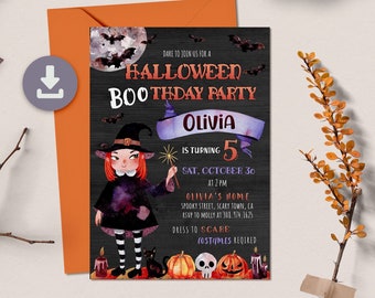 Editable Halloween Birthday Invitation Template for Kids, Printable Boo-thday Party Invitation, Spooky Girl Halloween Costume Party Invite