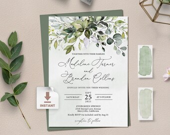 Greenery Wedding Invitation Template, Editable Eucalyptus Boho Wedding Invite, Printable DIY Card, Rustic Sage Watercolor Invite - HERBIA