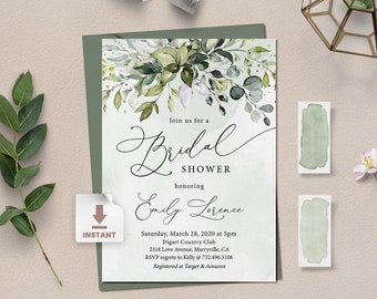 Greenery Bridal Shower Invitation Template, Editable Eucalyptus Boho Shower Invite, Printable Rustic Foliage Watercolor Invite - HERBIA
