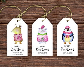 Editable Christmas Gift Tag Set of 3, Printable Christmas Gift Tag Template, Cute Deer, Bear & Penguin, Customizable Kids Gift Tags