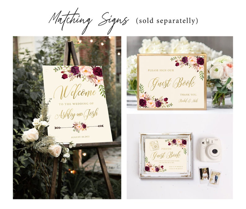 Wedding Guest Book, Burgundy Floral Instant Photo Instax, Polaroid Guestbook, Personalized Gold Foil Sign In Wedding book, Shower Gift image 7