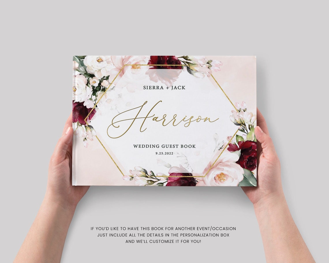 Floral Wedding Guest Book Custom Burgundy Bridal Shower Photo image 1