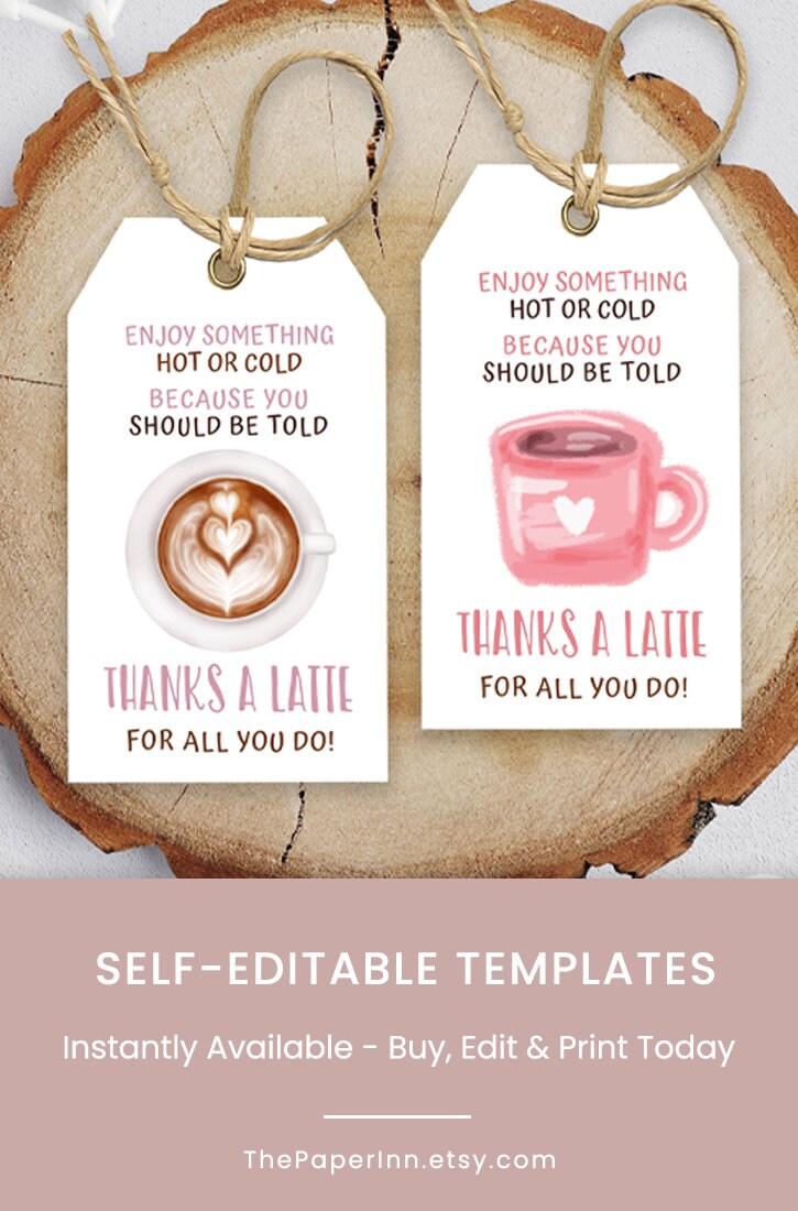 Editable Coffee Favor Tag Template, Printable Thanks a Latte Gift Card ...