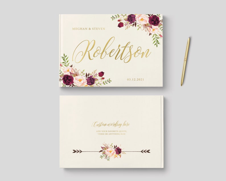 Wedding Guest Book, Burgundy Floral Instant Photo Instax, Polaroid Guestbook, Personalized Gold Foil Sign In Wedding book, Shower Gift HORIZONTAL 11x8.75"