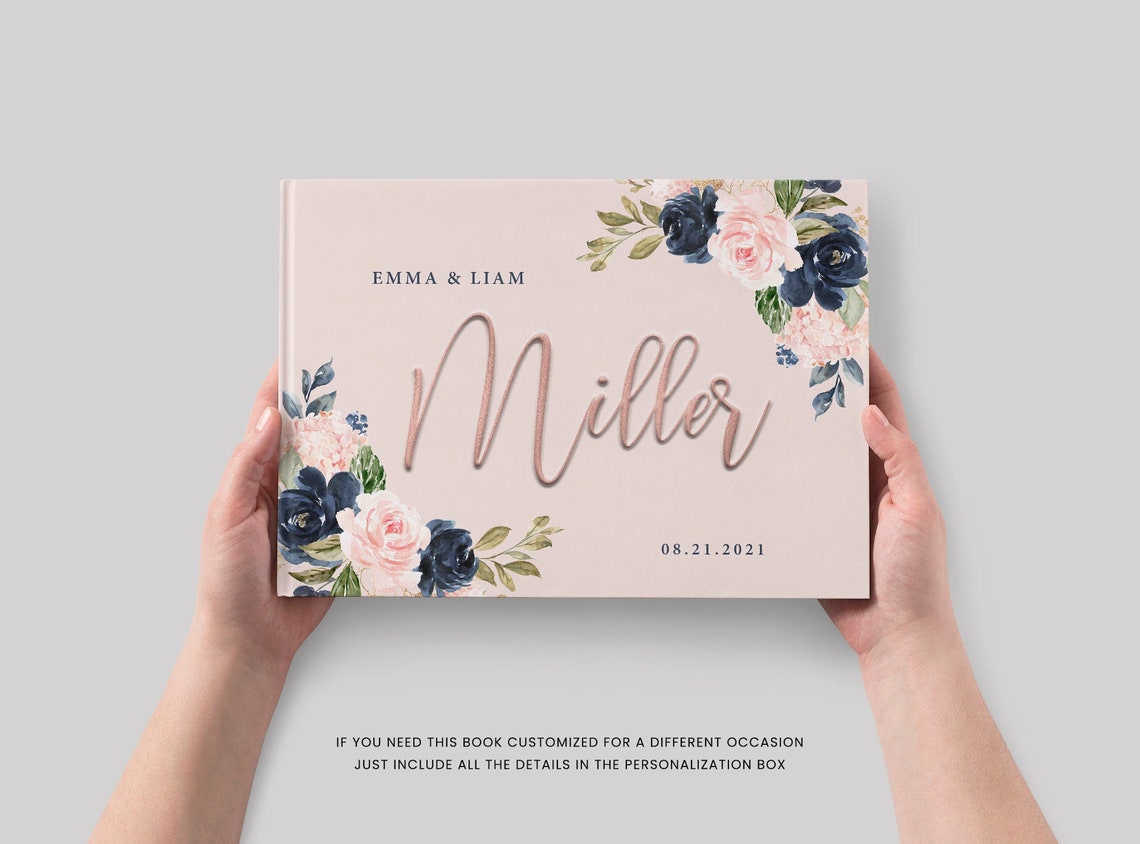 Blush Wedding Guest Book Rose Gold Foil Navy Floral image 1