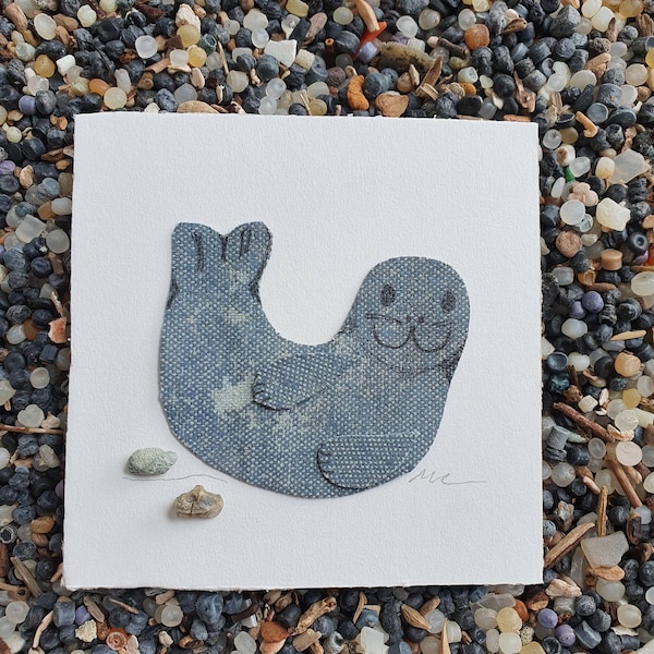 Cute seal made from an old tent found on a Cornish beach. Made in Cornwall. Beach clean. Repurpose. Original art. Eco art. Charity.