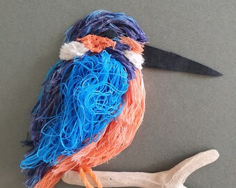 Kingfisher -- Beach combed rope - eco art -- original -- eco warrior -- Wall -- shadow box frame -- Cornwall -- Beach art -- blue