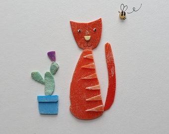 Ginger cat made from plastic collected from beautiful Cornish beaches. Original. Beach clean. Recycle art. Cornwall. Surfers.