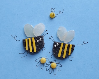 Bees made from plastic collected from beautiful Cornish beaches UK. Made in Cornwall. Beach clean. Repurpose. Original art.