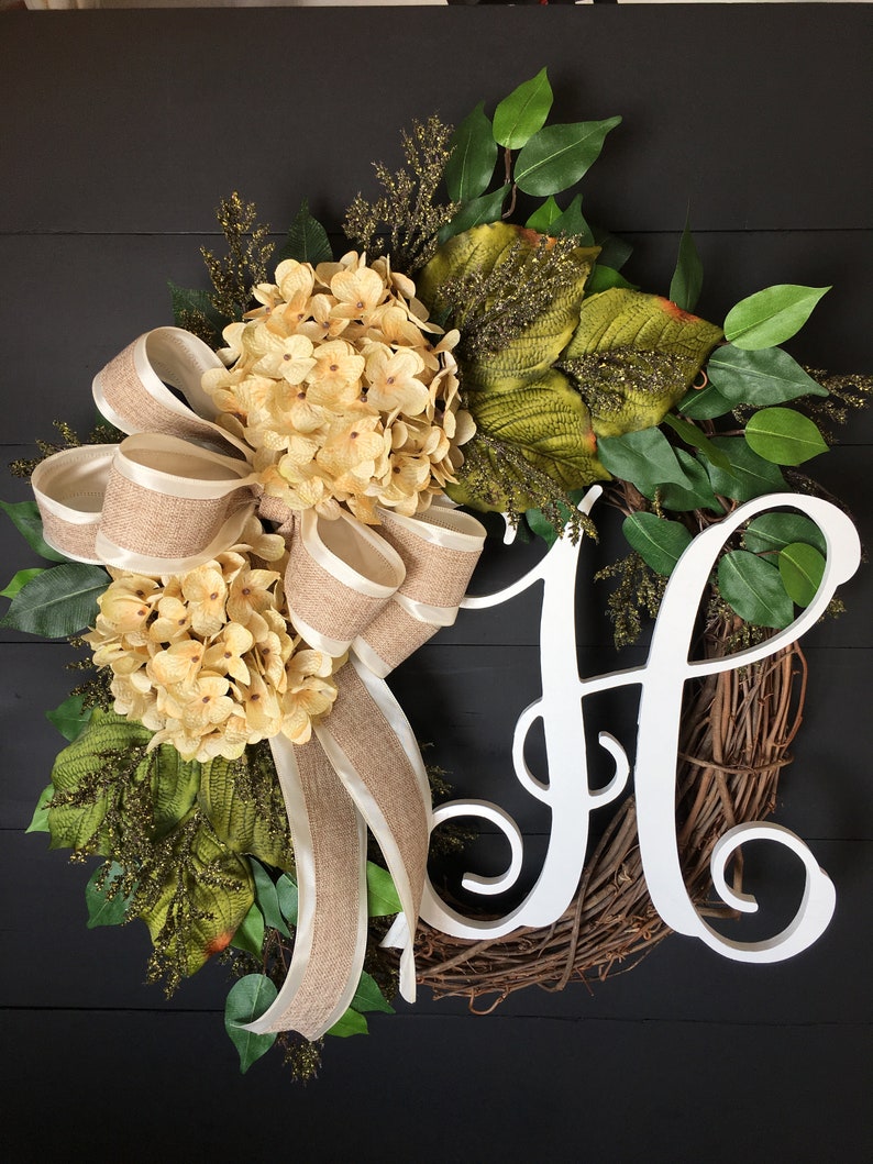 Wreaths For Front Door~ Wreaths For Front Door Year Round~ Hydrangea Wreath~ Monogram Wreaths For Front Door~ Rustic Wreaths For Front Door