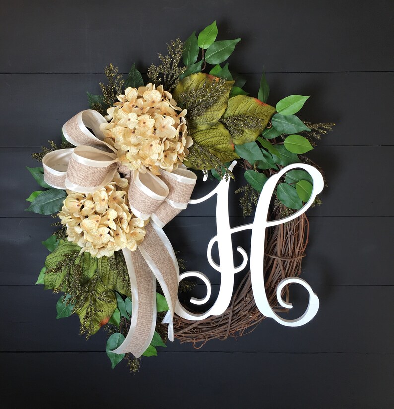 Wreaths For Front Door~ Wreaths For Front Door Year Round~ Hydrangea Wreath~ Monogram Wreaths For Front Door~ Rustic Wreaths For Front Door