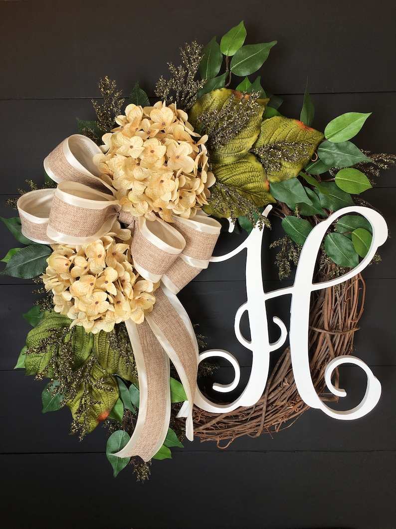 Wreaths For Front Door~ Wreaths For Front Door Year Round~ Hydrangea Wreath~ Monogram Wreaths For Front Door~ Rustic Wreaths For Front Door