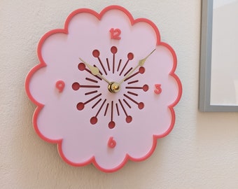 Retro Flower Wall Clock  - Light Pink and Pink - Floral Home Decor Vintage Aesthetic