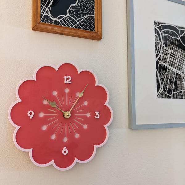 Retro Flower Wall Clock  - Pink and Light Pink - Floral Home Decor Vintage Aesthetic