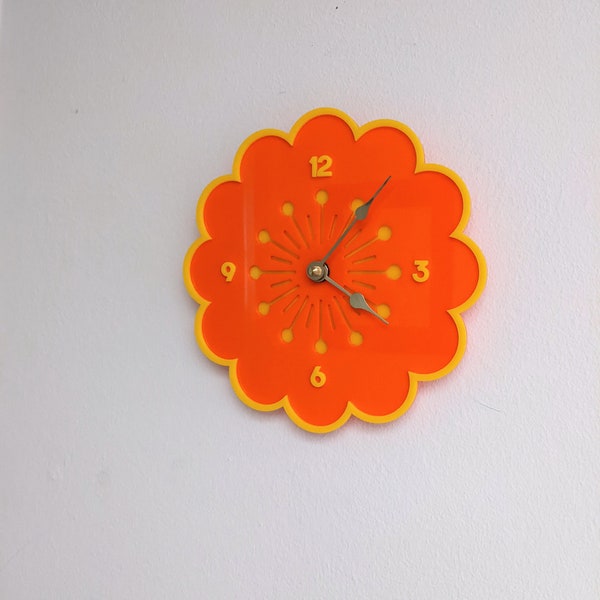 Retro Flower Wall Clock - Orange and Yellow - Retro Home Decor Vintage Aesthetic