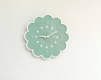 Retro Flower Wall Clock  - Light Sage and White - Retro Home Decor Vintage Aesthetic