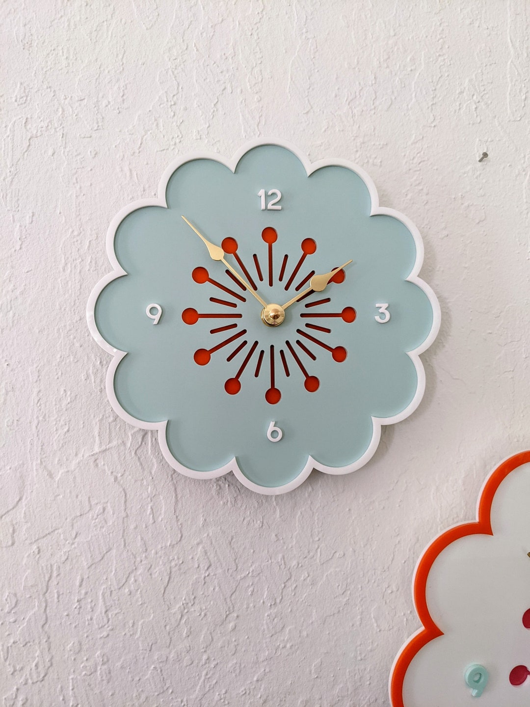 Retro Flower Wall Clock Light Blue and White and Orange Floral Home