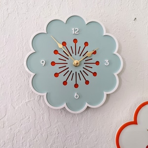 Retro Flower Wall Clock  - Light Blue and White and Orange - Floral Home Decor Vintage Aesthetic